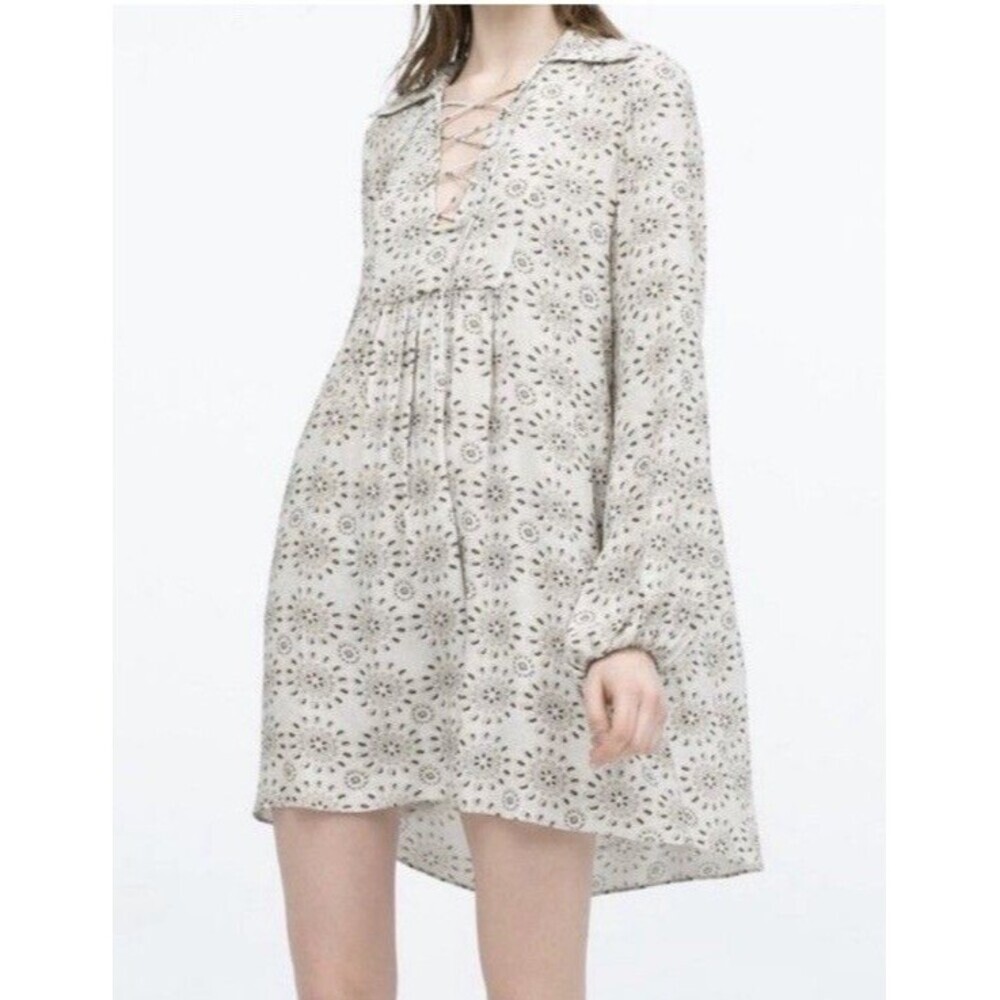 Zara Grey Print Long Sleeve Dress Tunic Top Size Medium M
